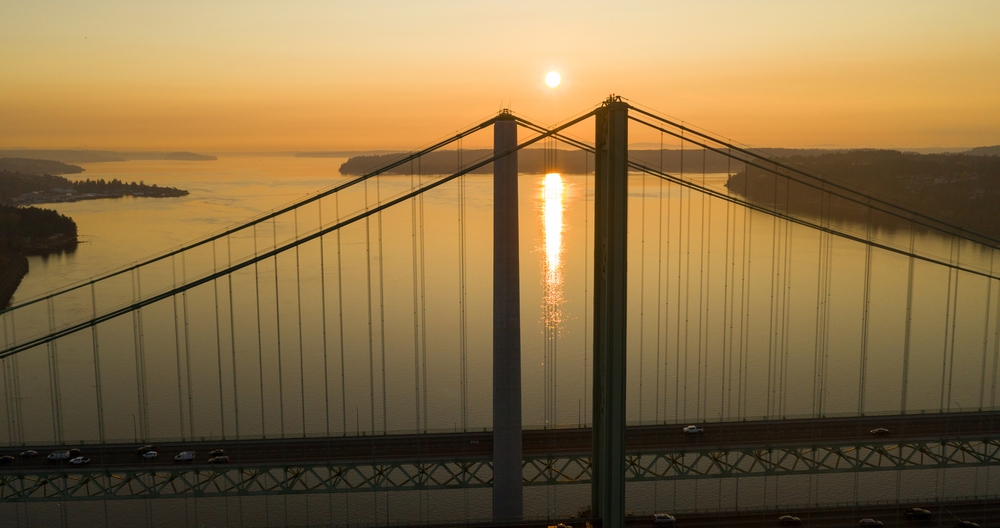 The Narrows Bridge at sunset links Tacoma and Gig Harbor