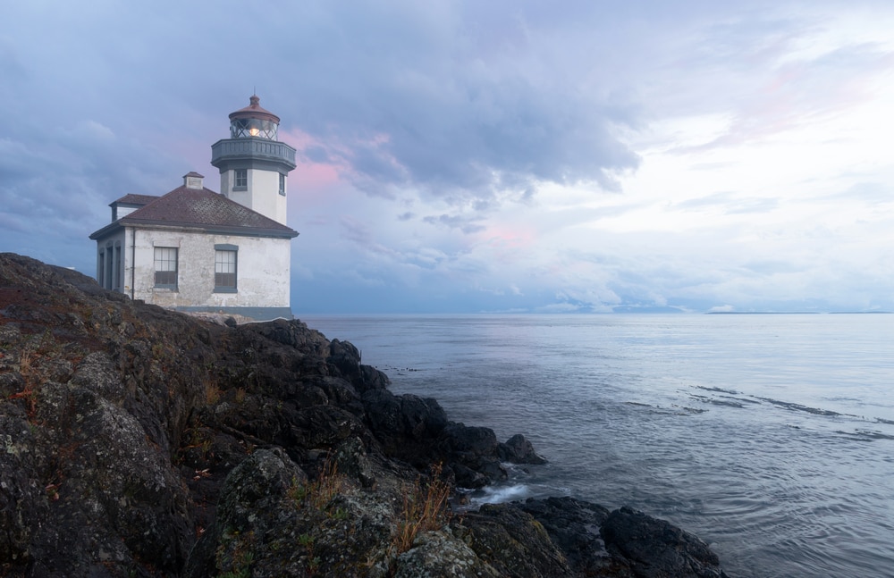 A lighthouse looking over the Straits of Juan de Fuca on San Juan Island, Washinton State